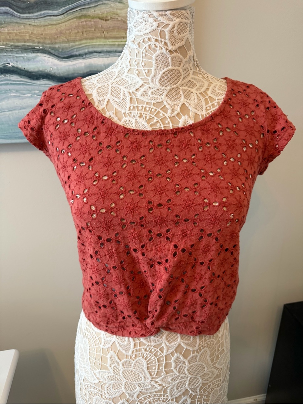 American Eagle Women's Eyelet Knit Short Sleeve Top - Rust